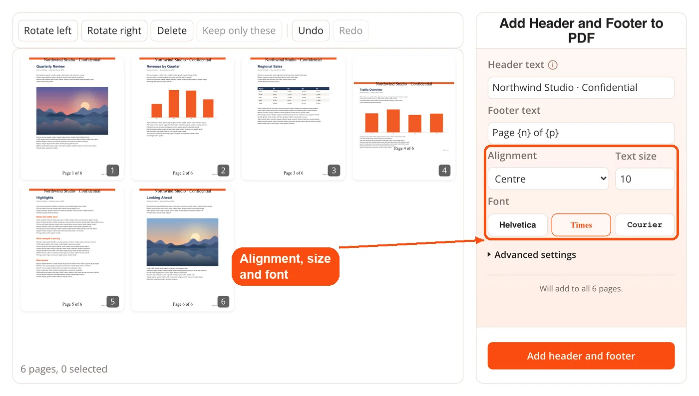 Alignment, text size and font options