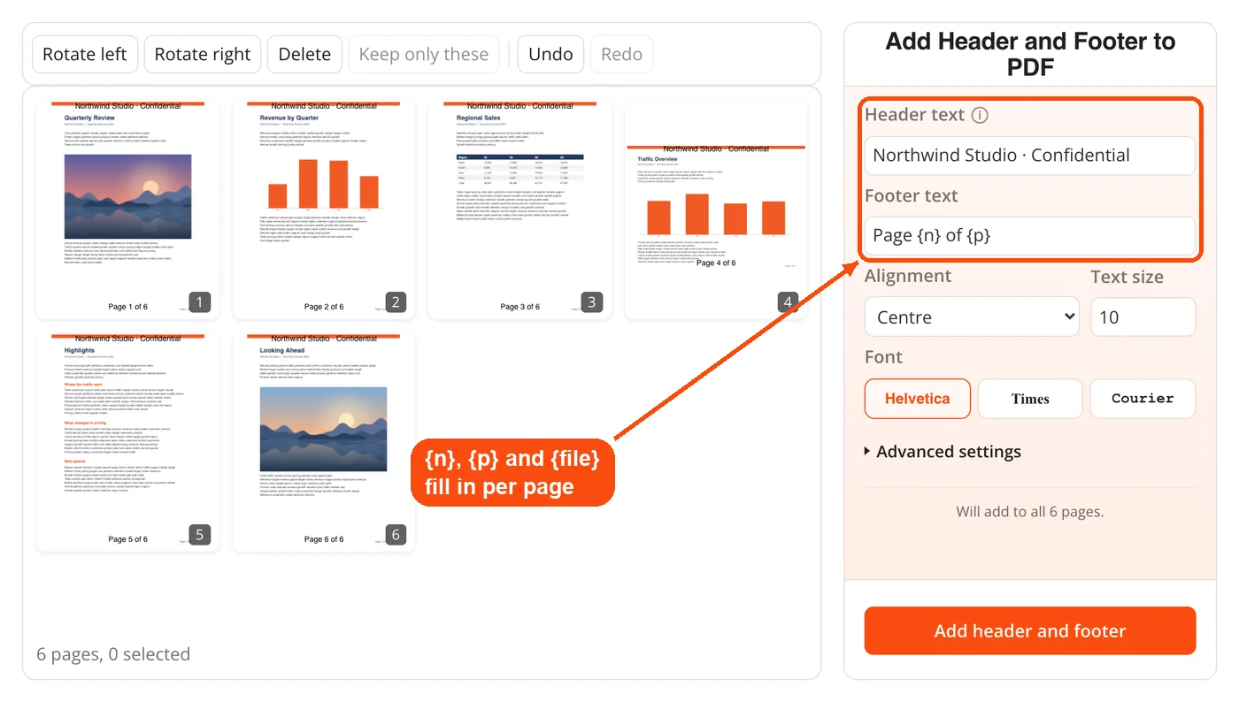 Header and footer text typed in