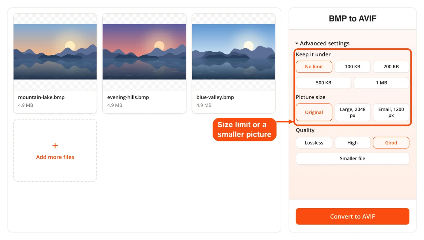 Size limit and picture size options