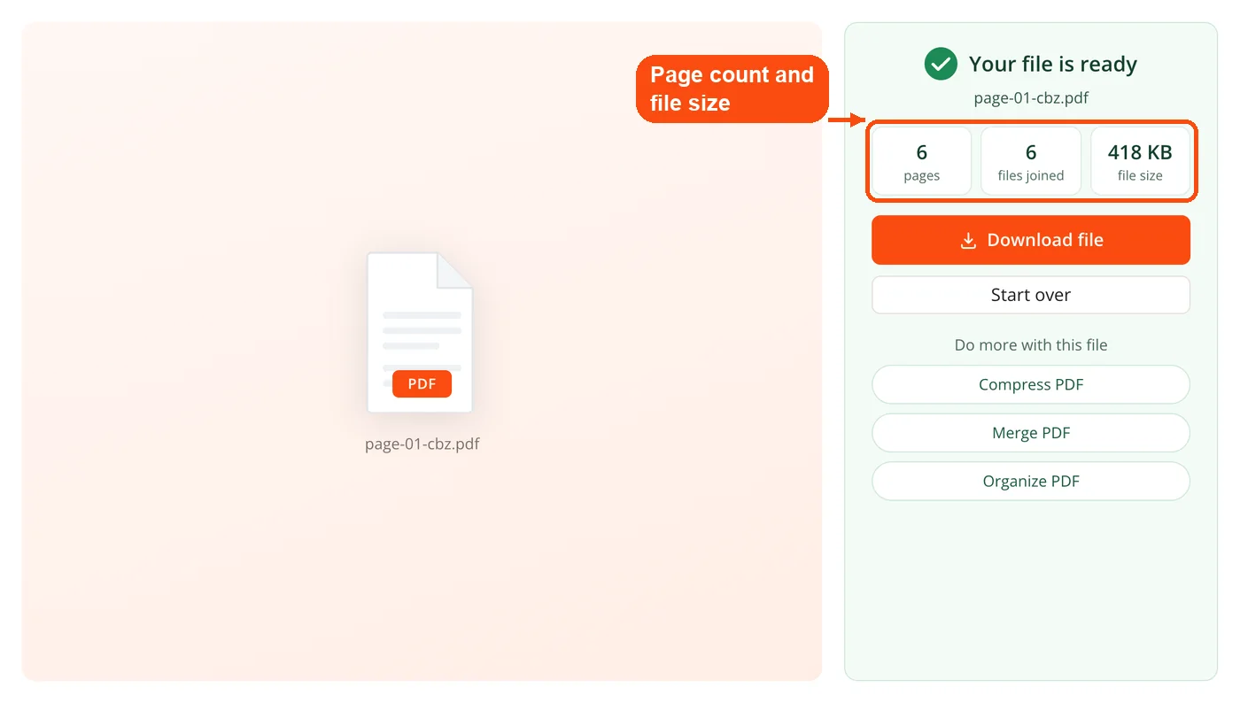 Result with page count and file size