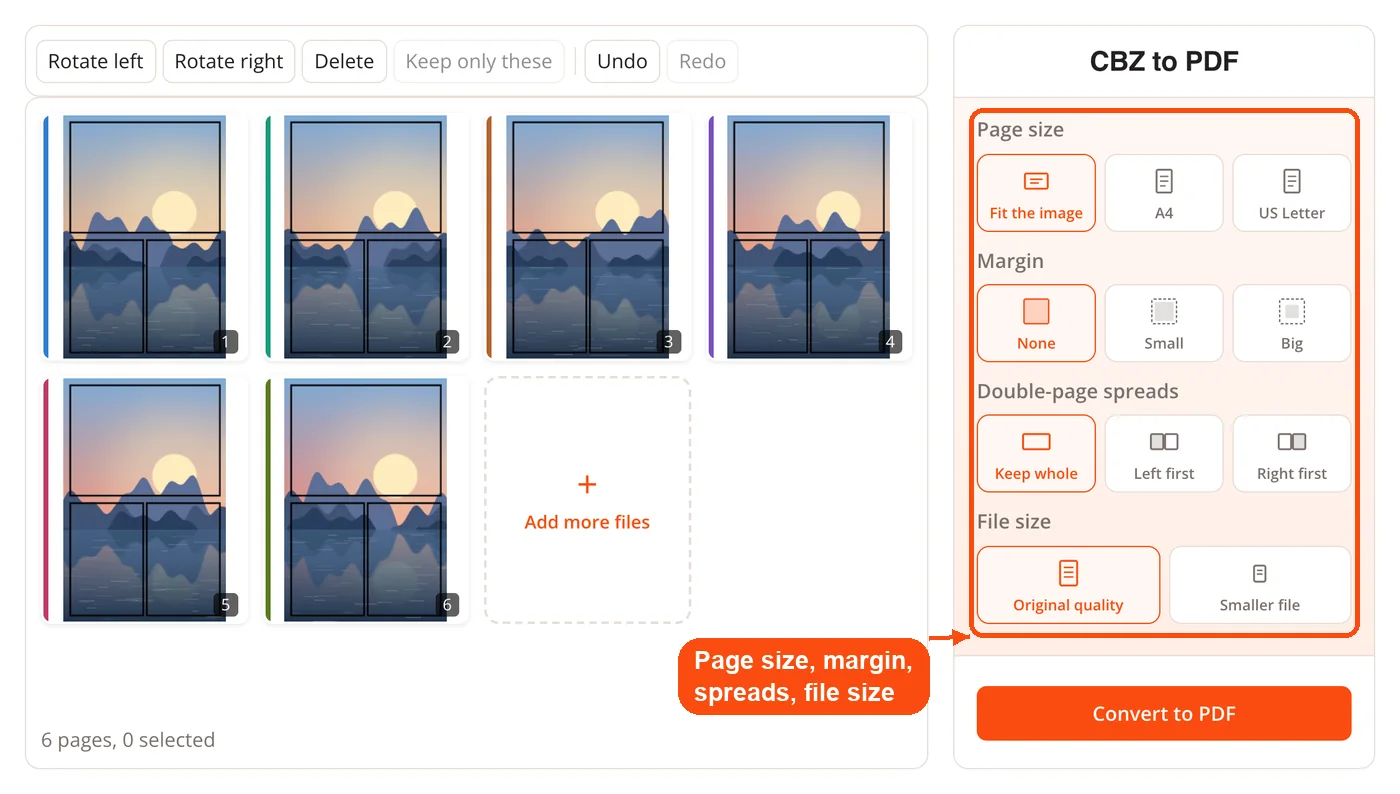 Page size, margin, spread and file size options
