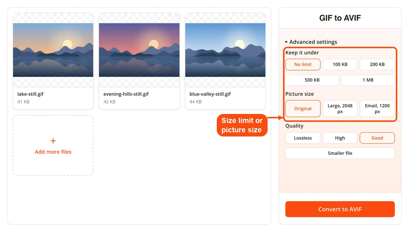 Size limit and picture size options
