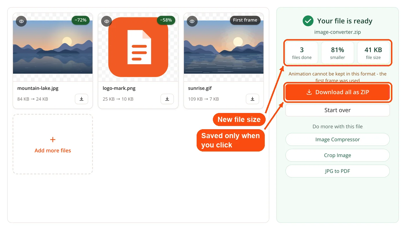 Result panel with size and download