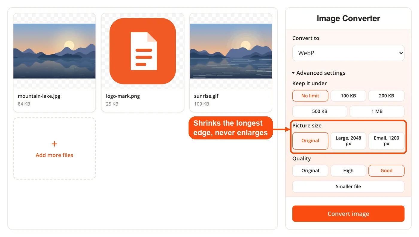 Picture size options for resizing