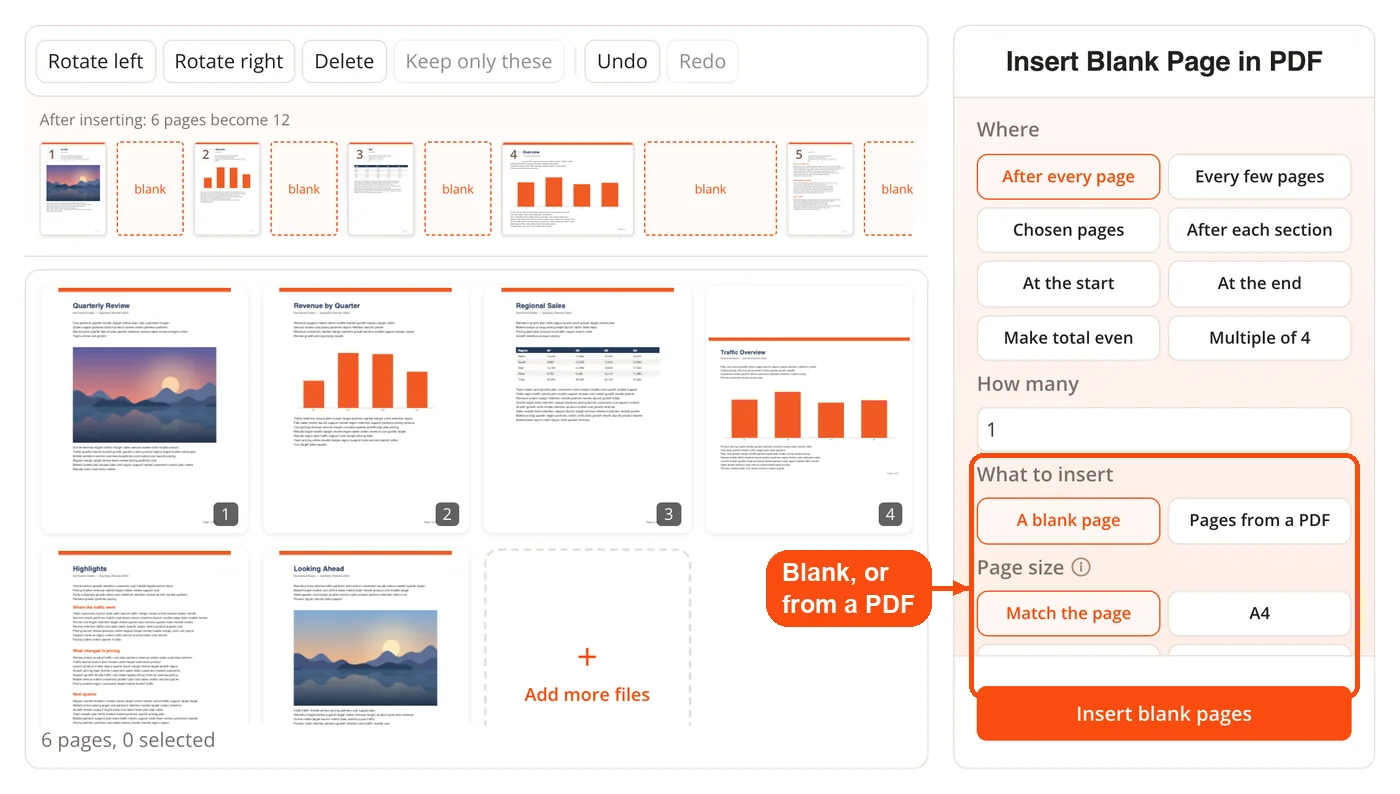 Options for what to insert and page size