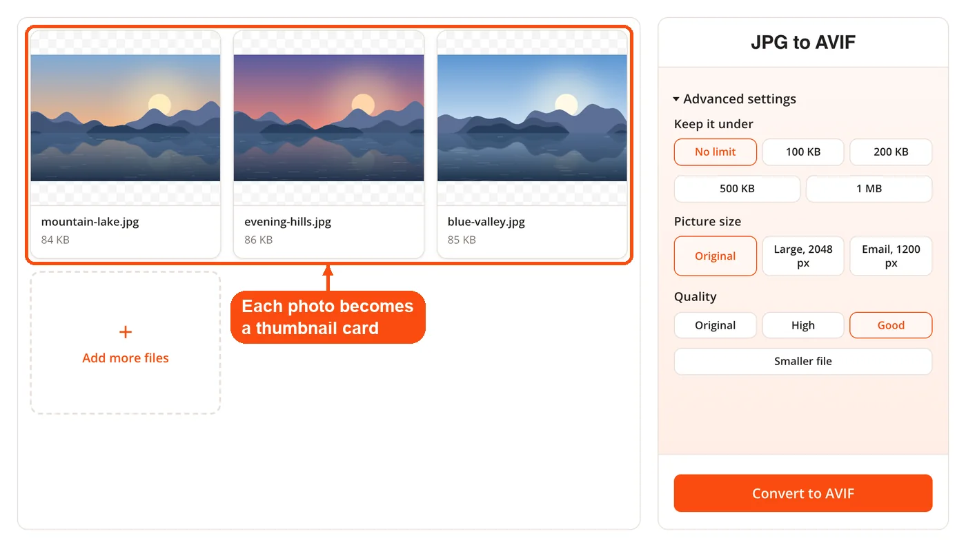 Three JPG photos added as cards