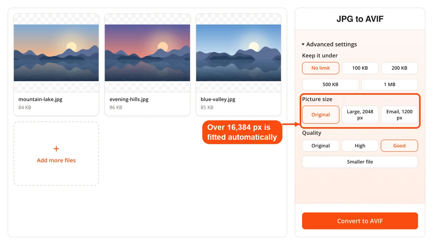 Picture size options and automatic fit