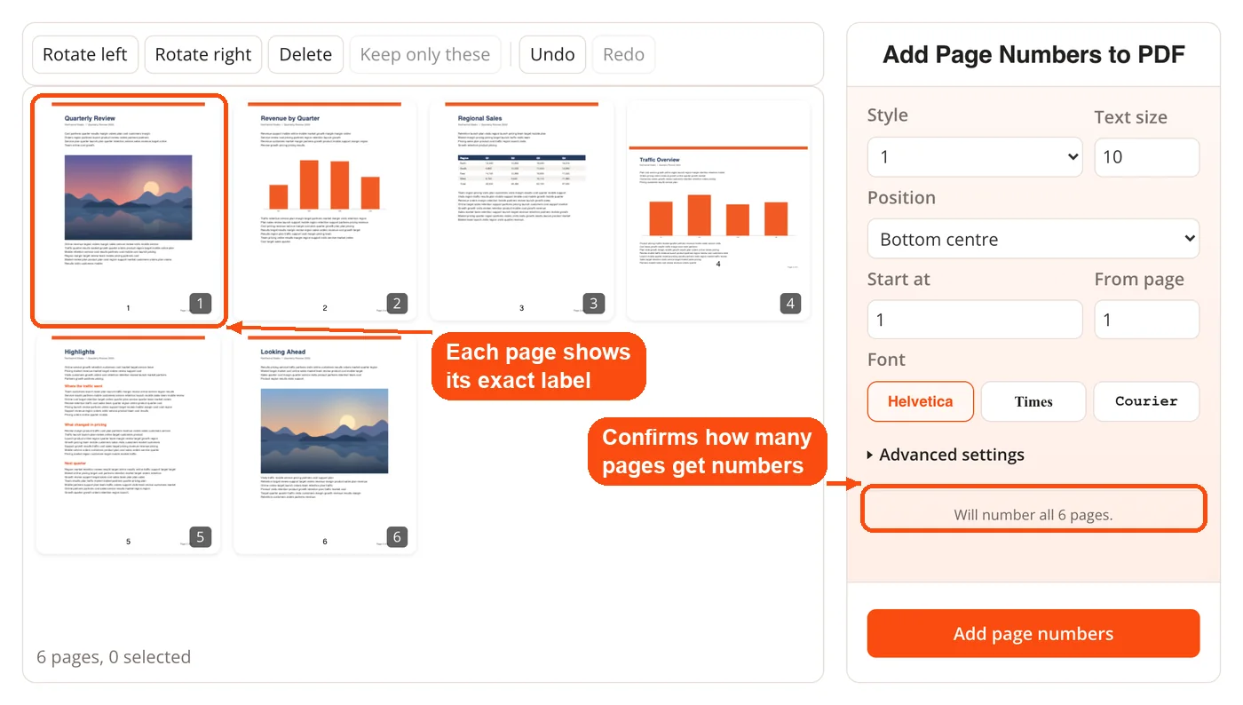 Page labels in the preview and page count