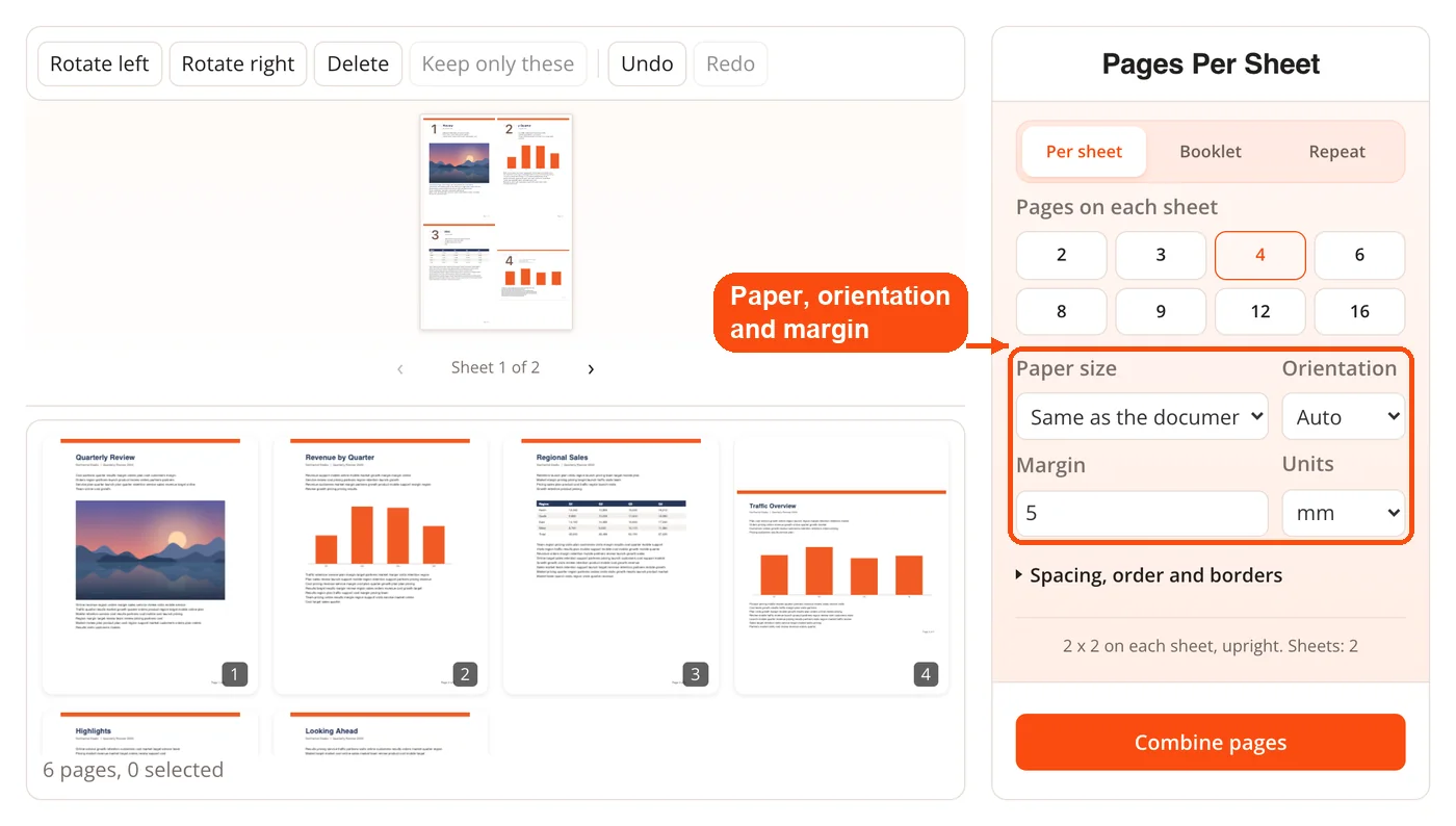 Paper size, orientation and margin settings