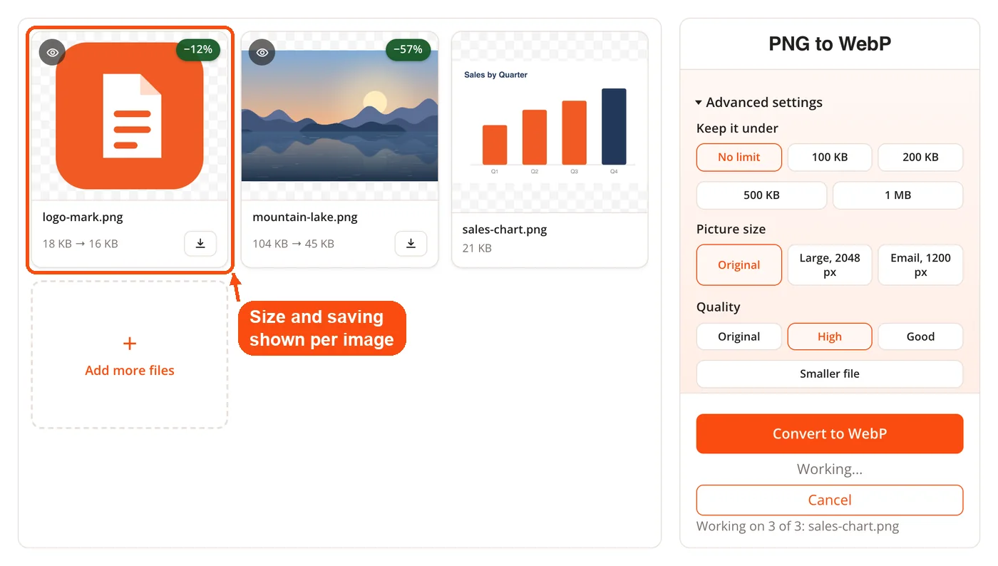 Each image converting in the browser