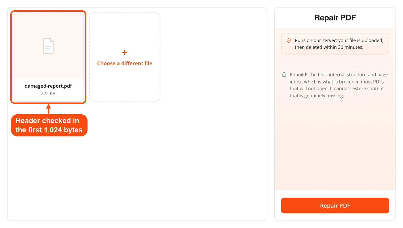 Damaged PDF ready for the header check