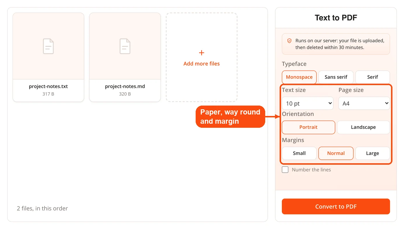Paper size, orientation and margin options