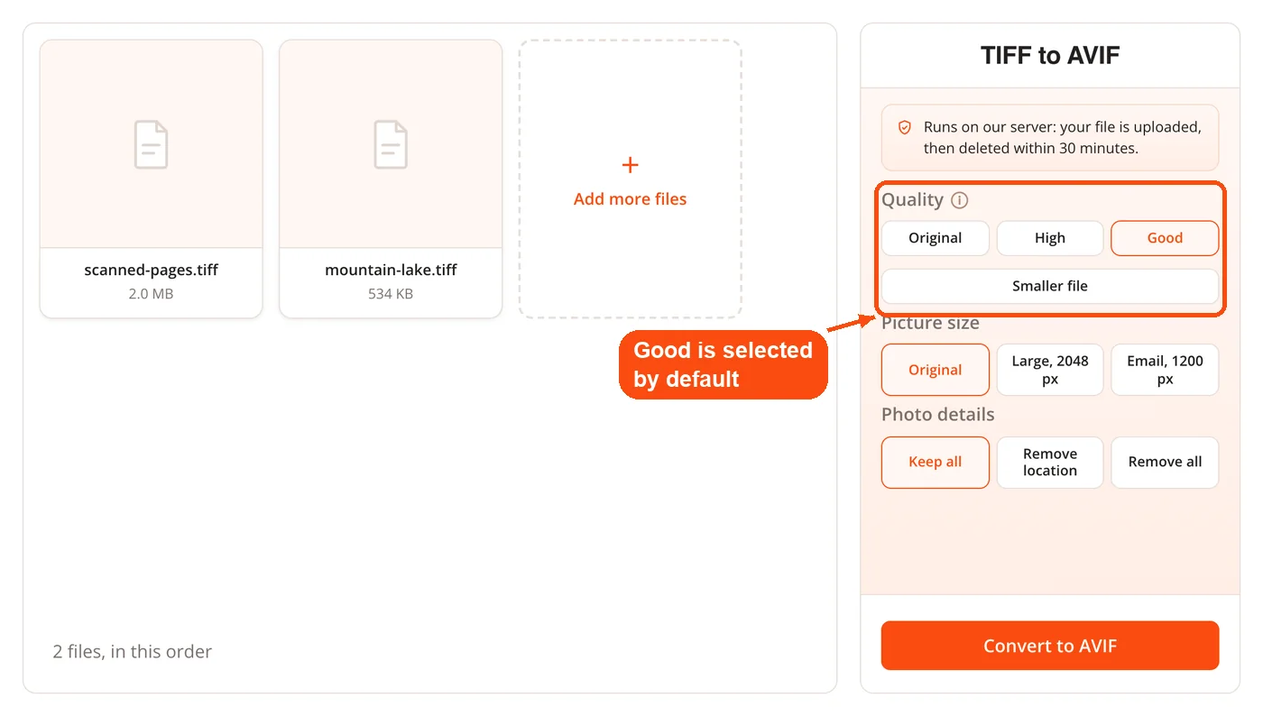 Quality options for the AVIF file