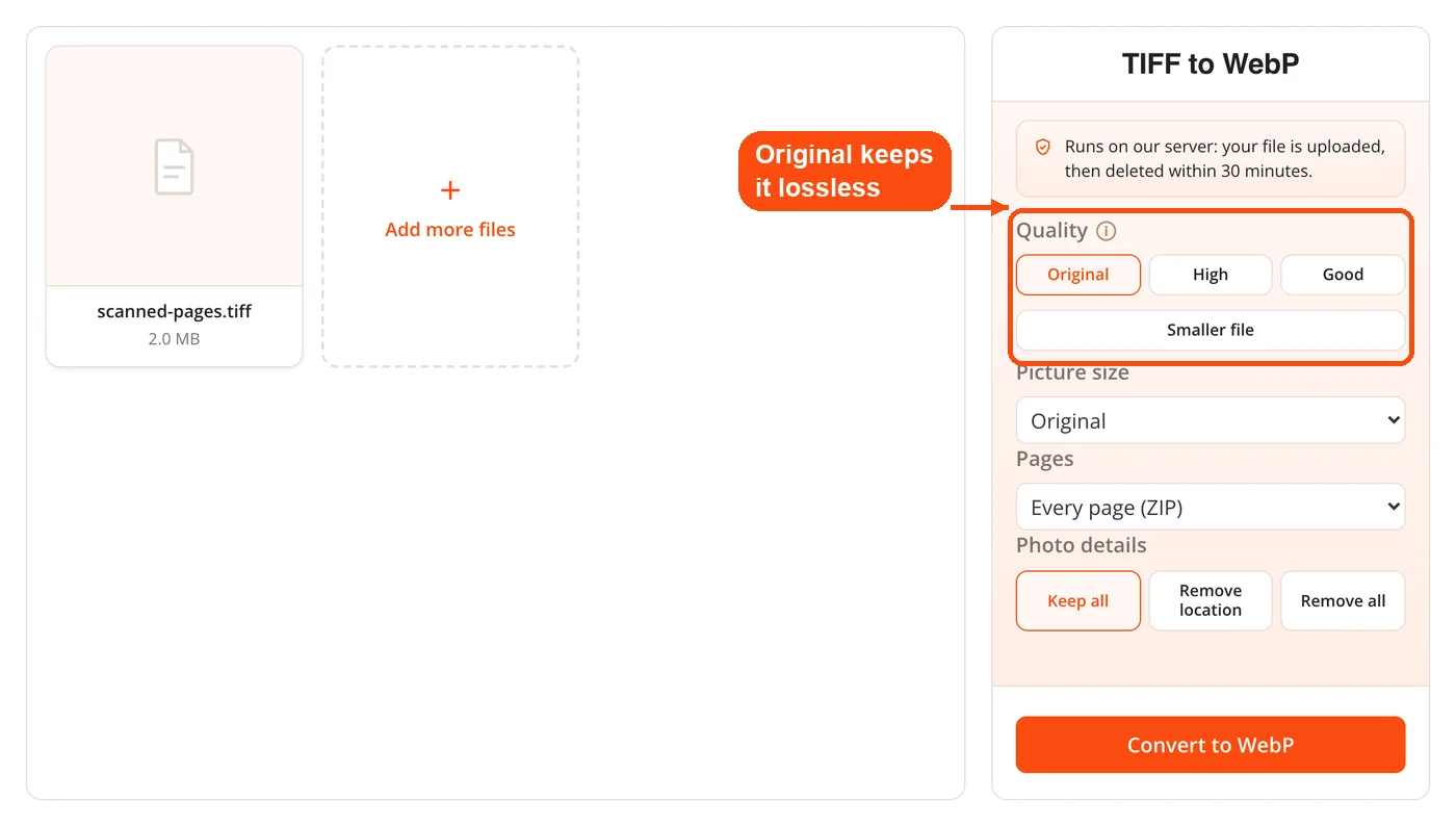Quality options for the WebP file