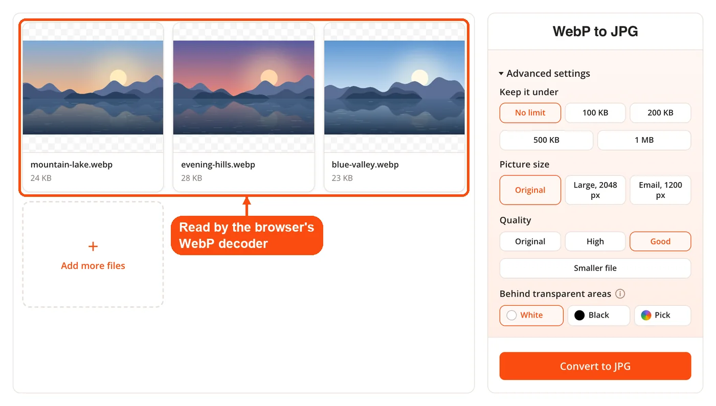 Three WebP images decoded in the browser