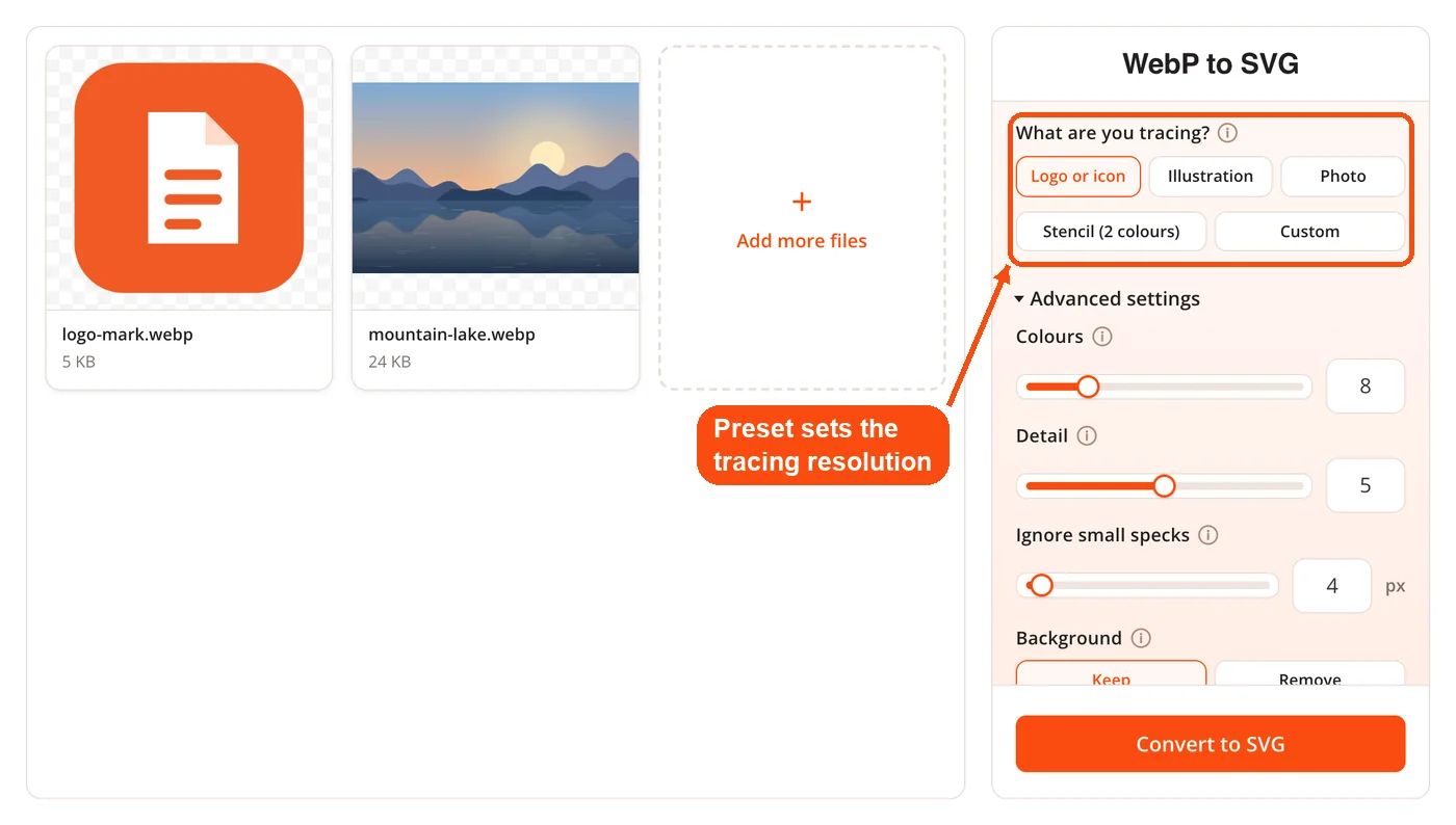 Tracing presets for logos, illustrations and photos