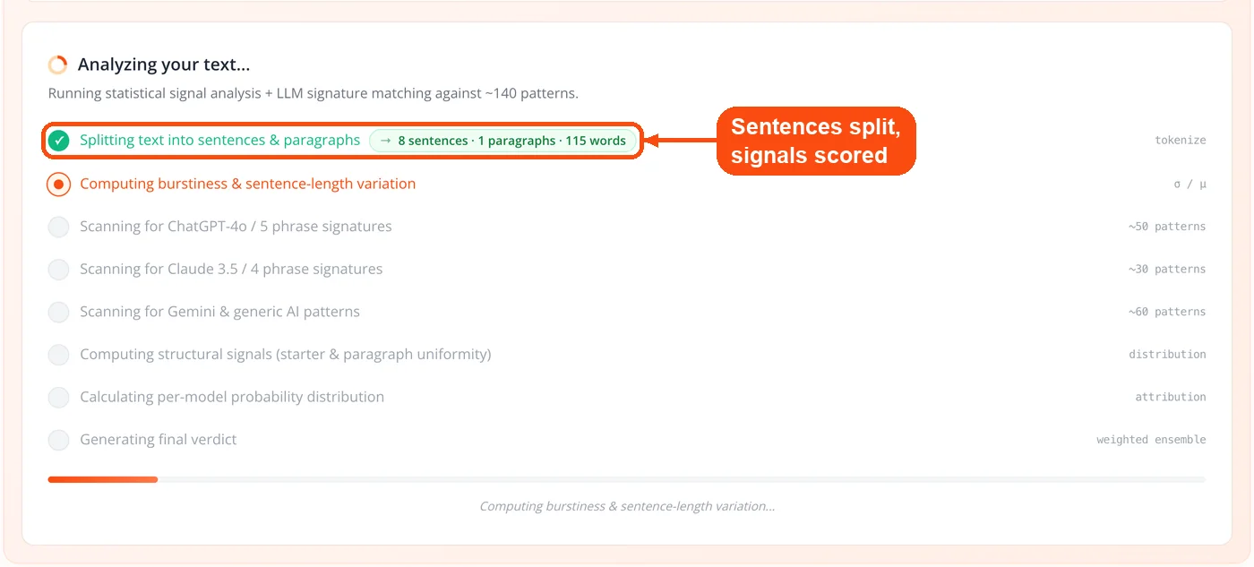 Engine splitting sentences and scoring signals