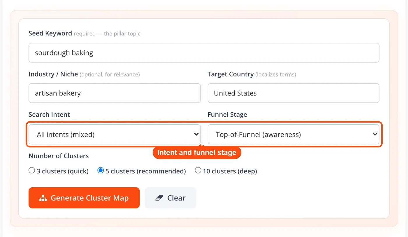 Search intent and funnel stage dropdowns