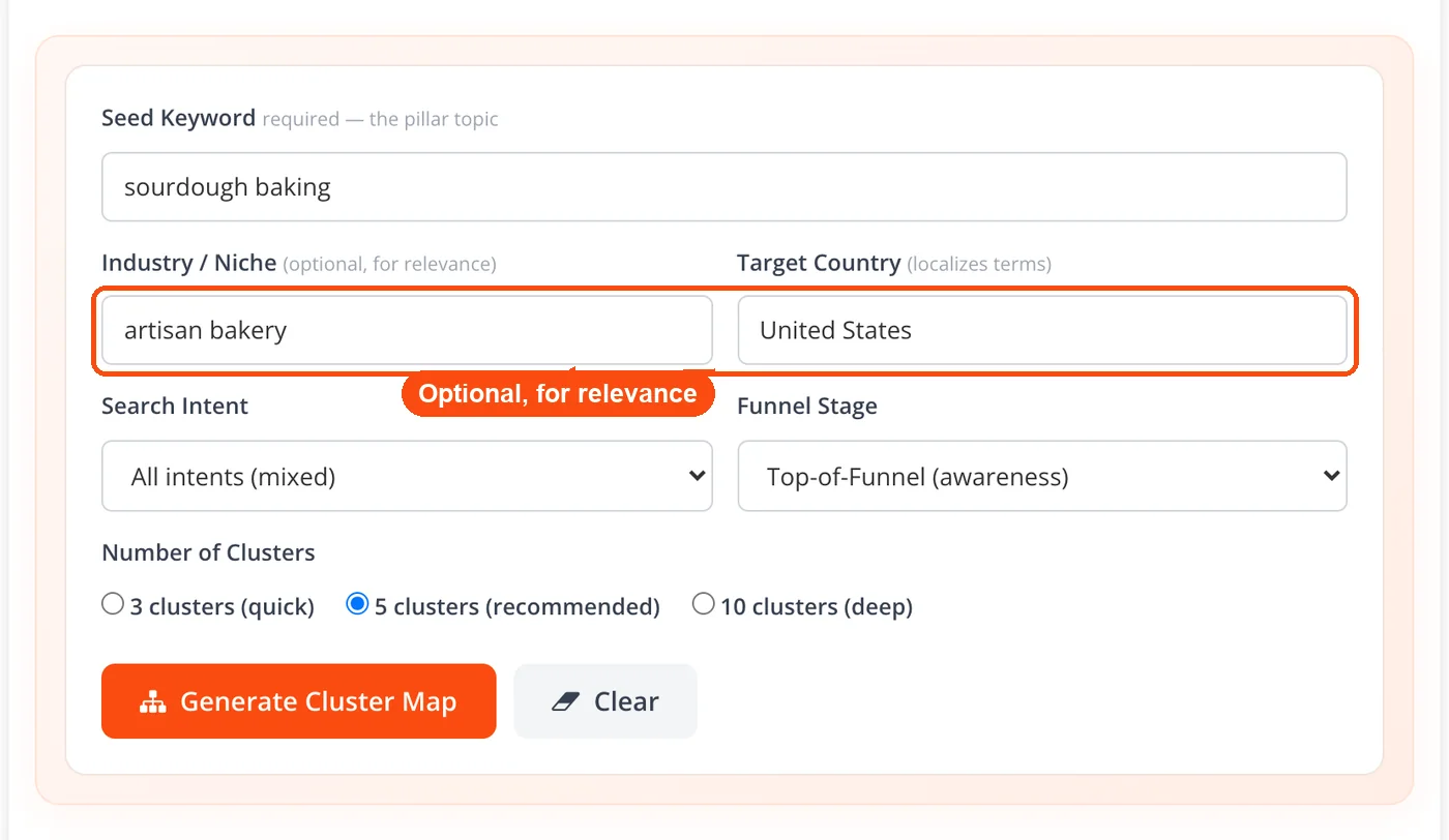 Optional niche and target country fields