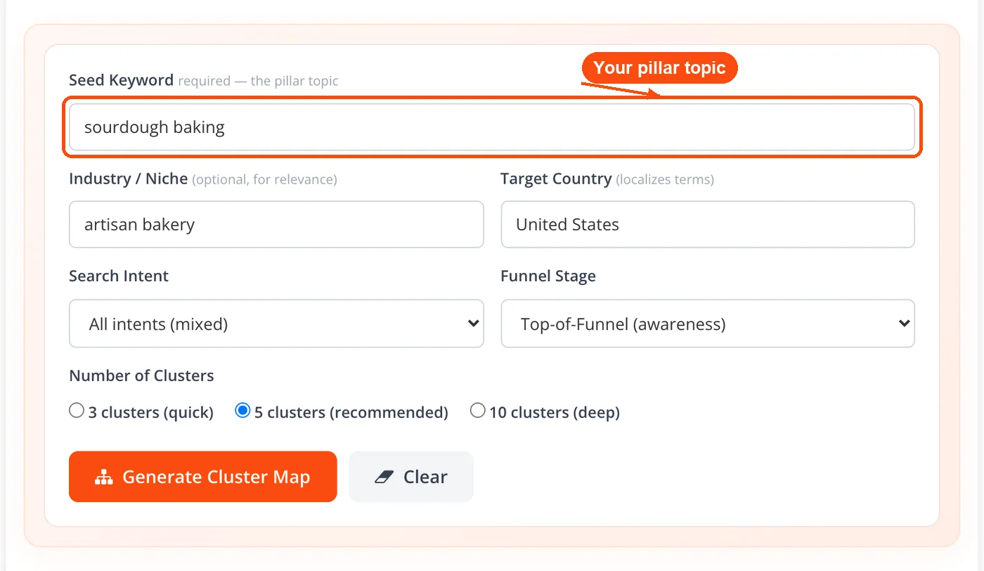 Seed keyword typed as the pillar topic