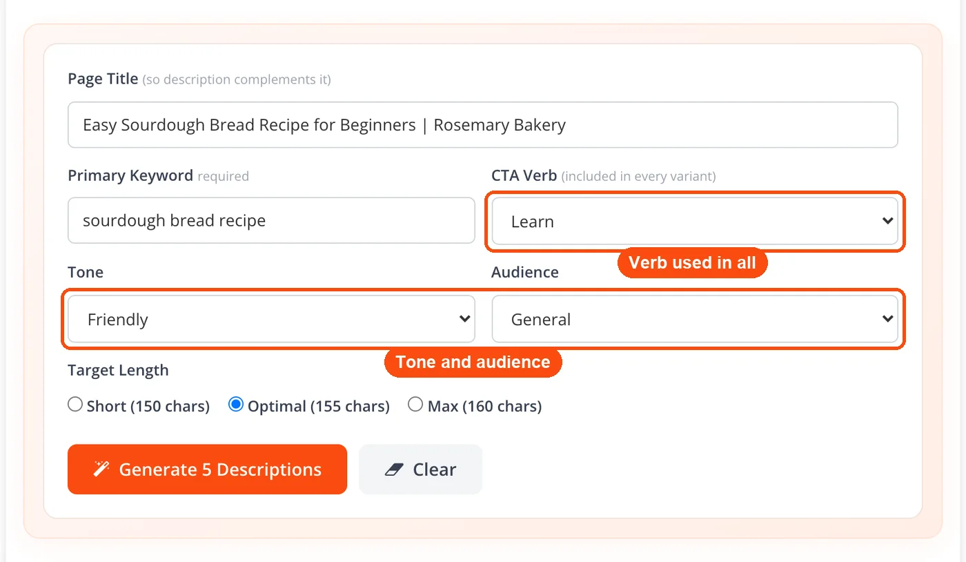 CTA verb, tone and audience dropdowns