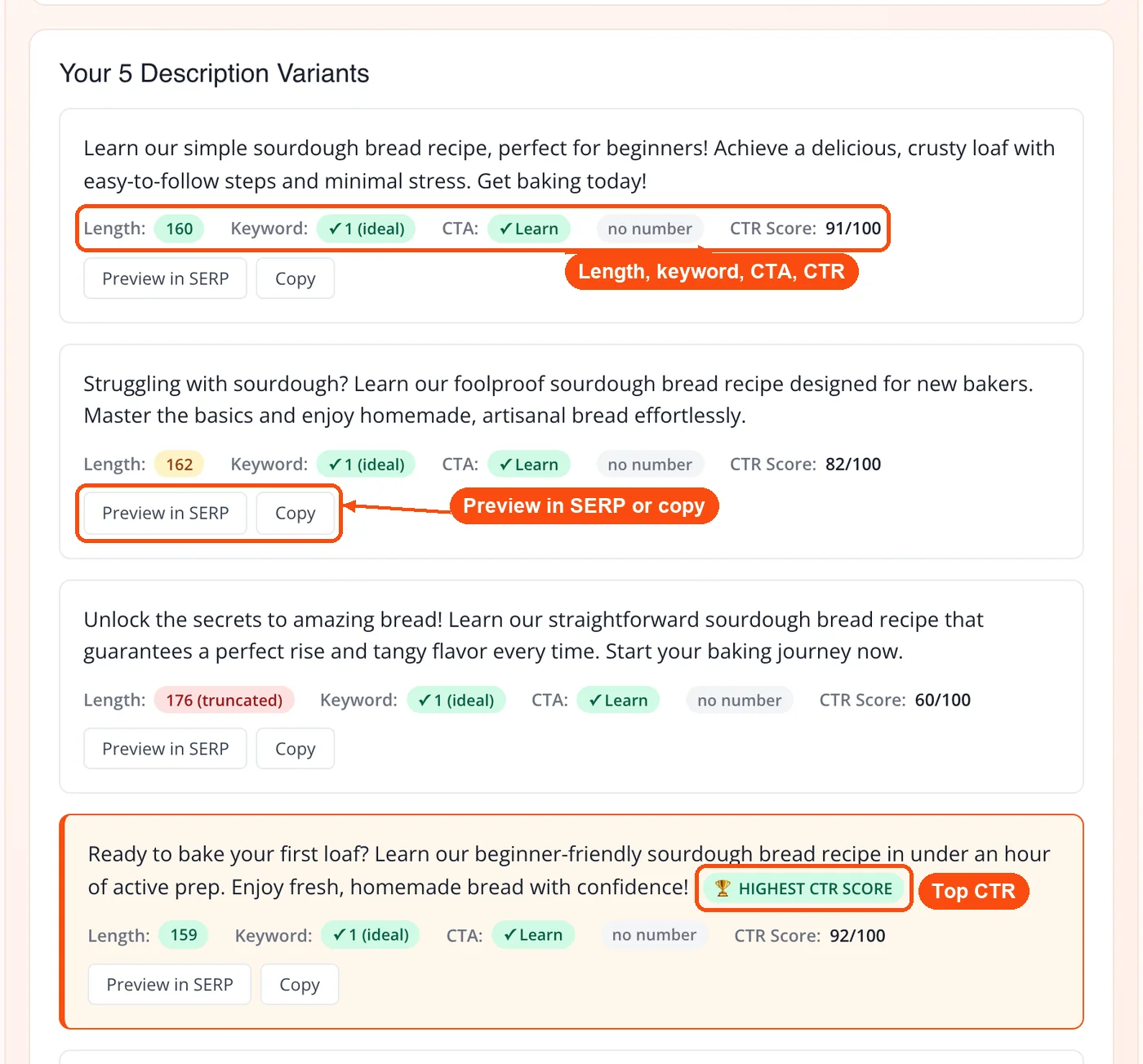 Five scored descriptions with preview and copy