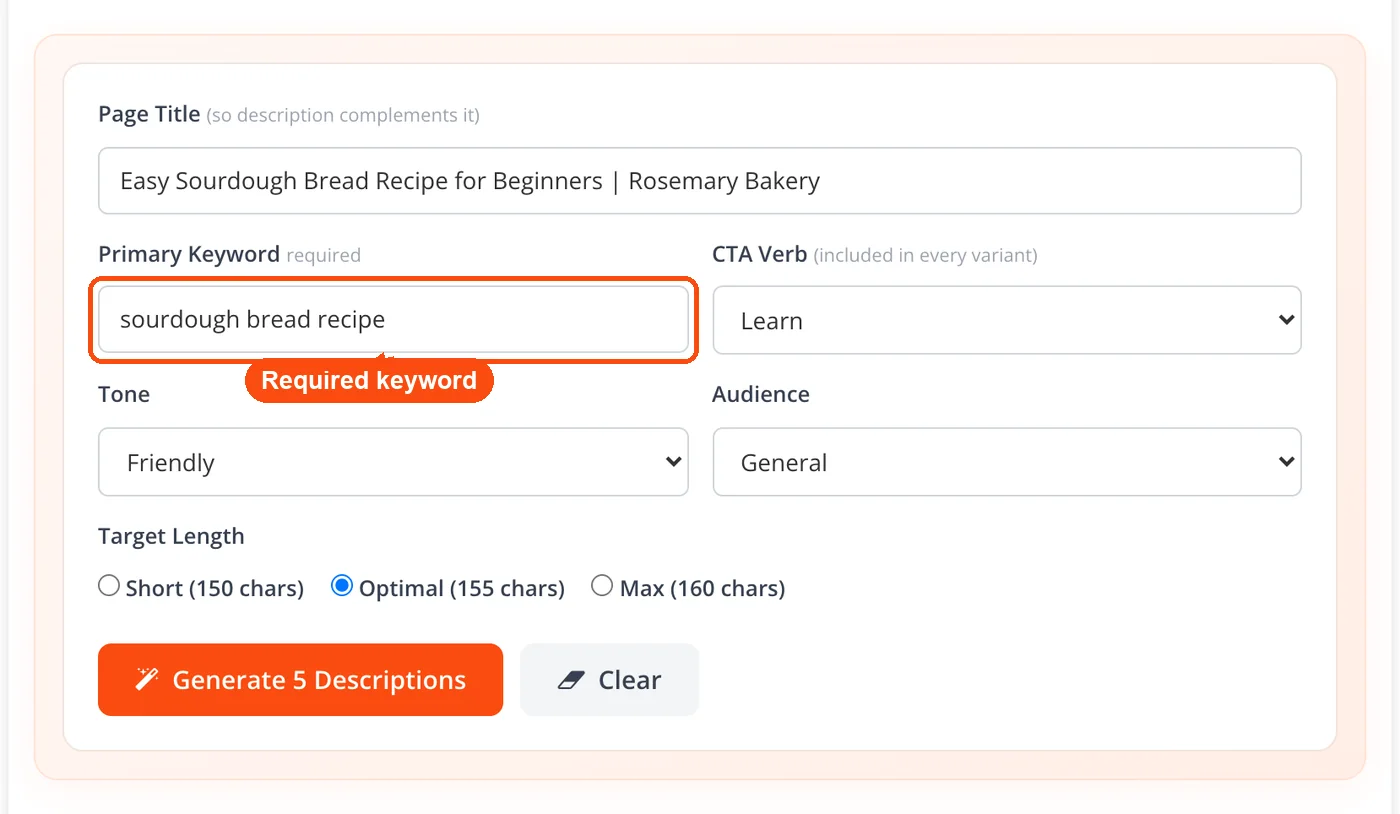 Required primary keyword field filled in
