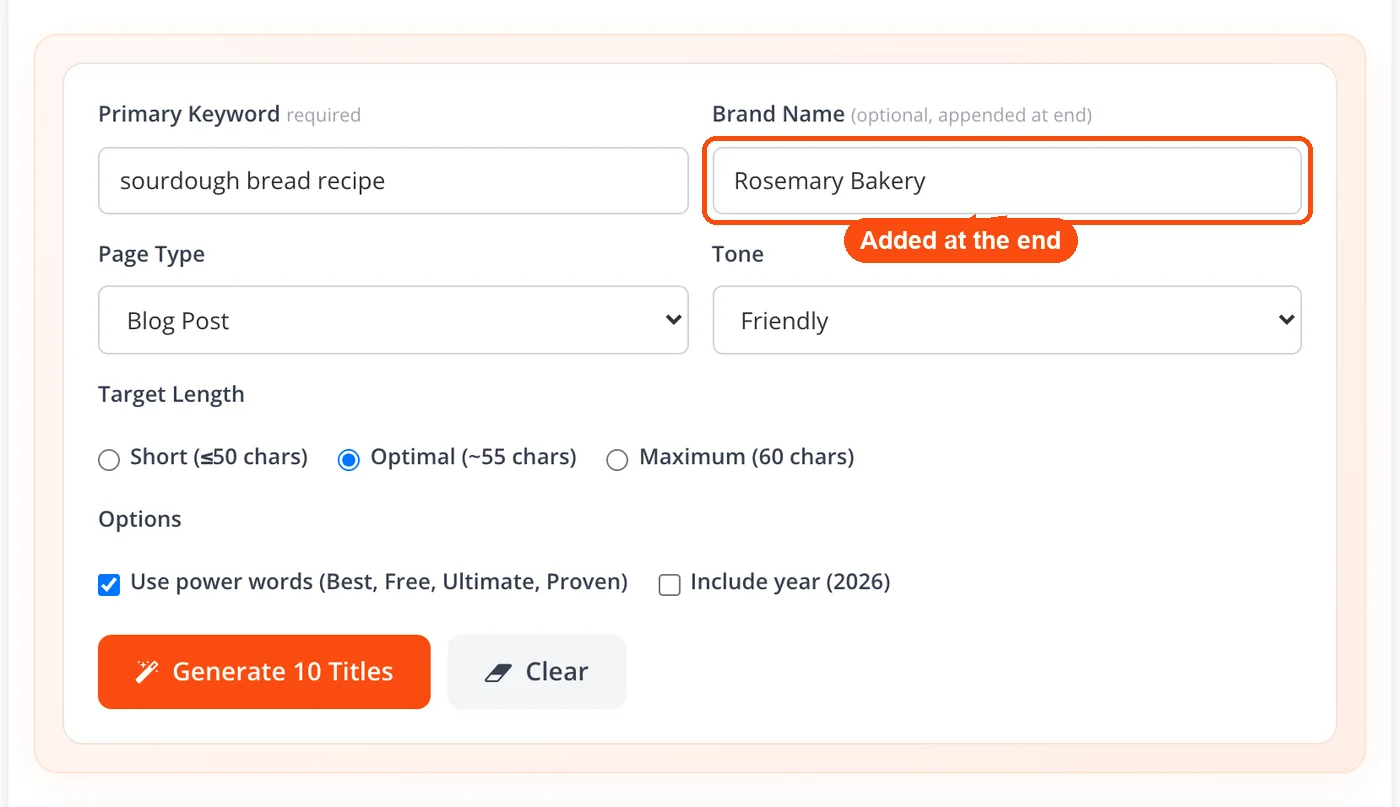 Optional brand name field filled in