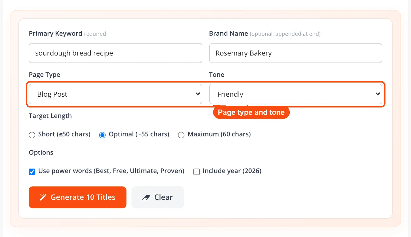 Page type and tone dropdowns