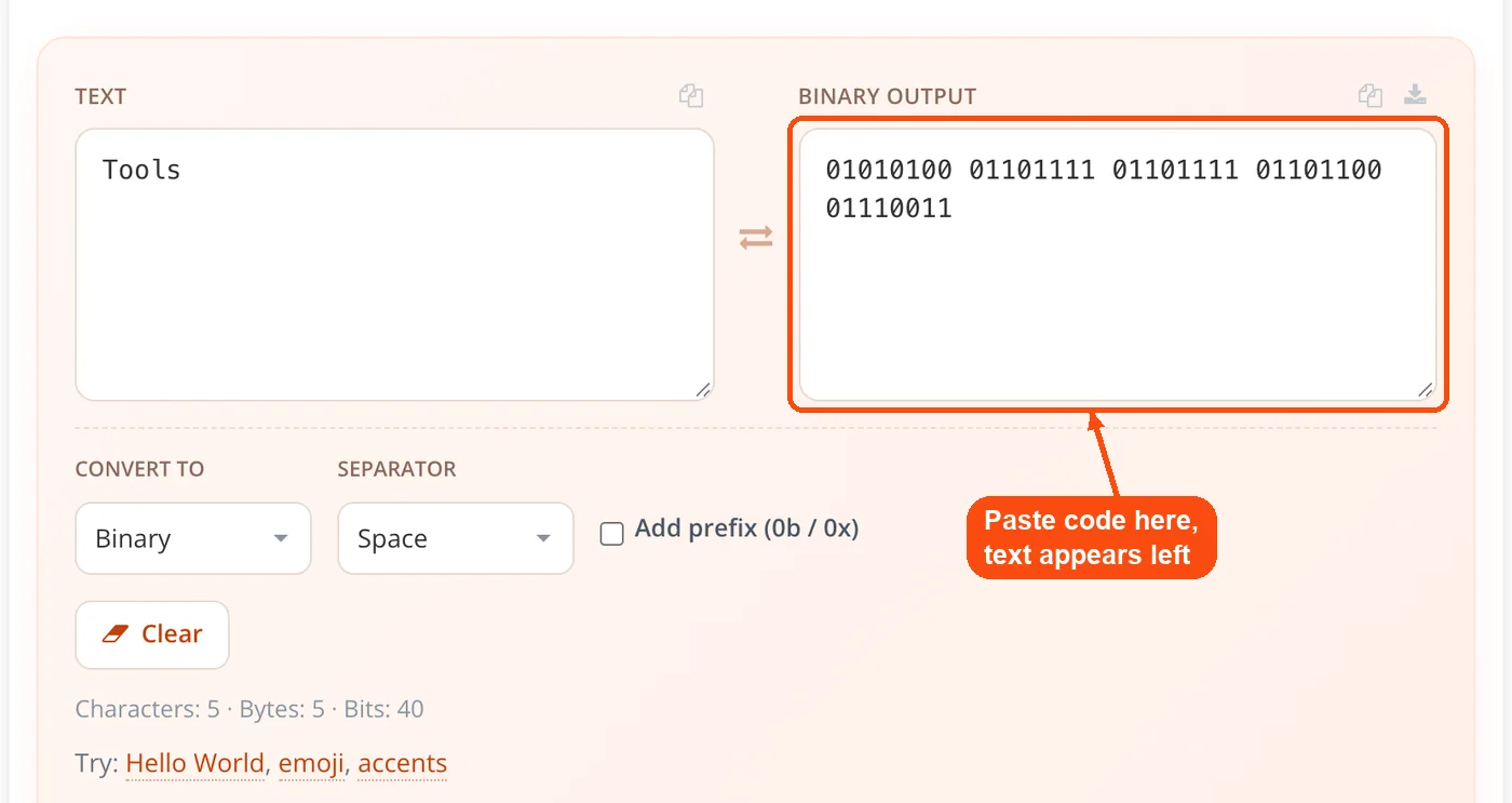 Binary pasted and decoded to text