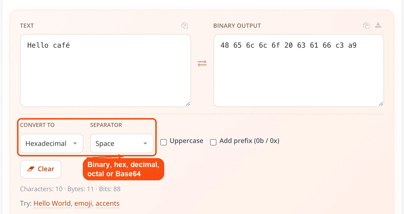 Output format and separator menus