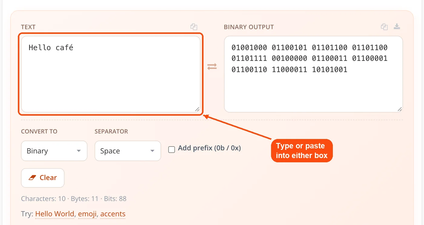Text typed with binary output beside