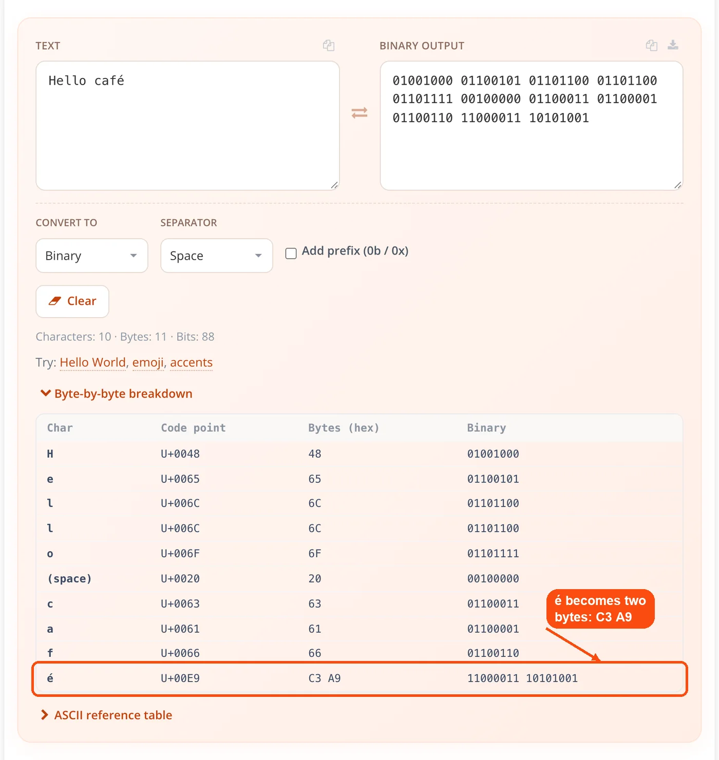 Accented letter shown as two bytes