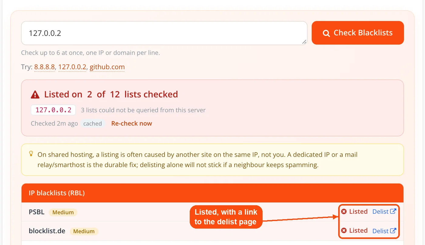 Listed results with delist links