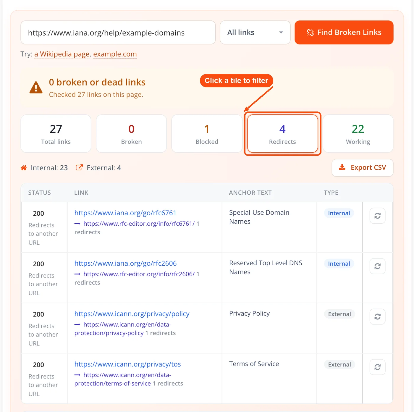 Redirects tile filters the results table
