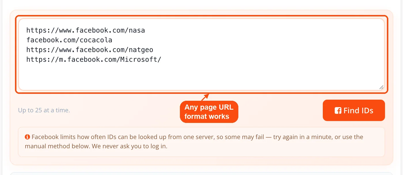 Facebook page URLs in several formats