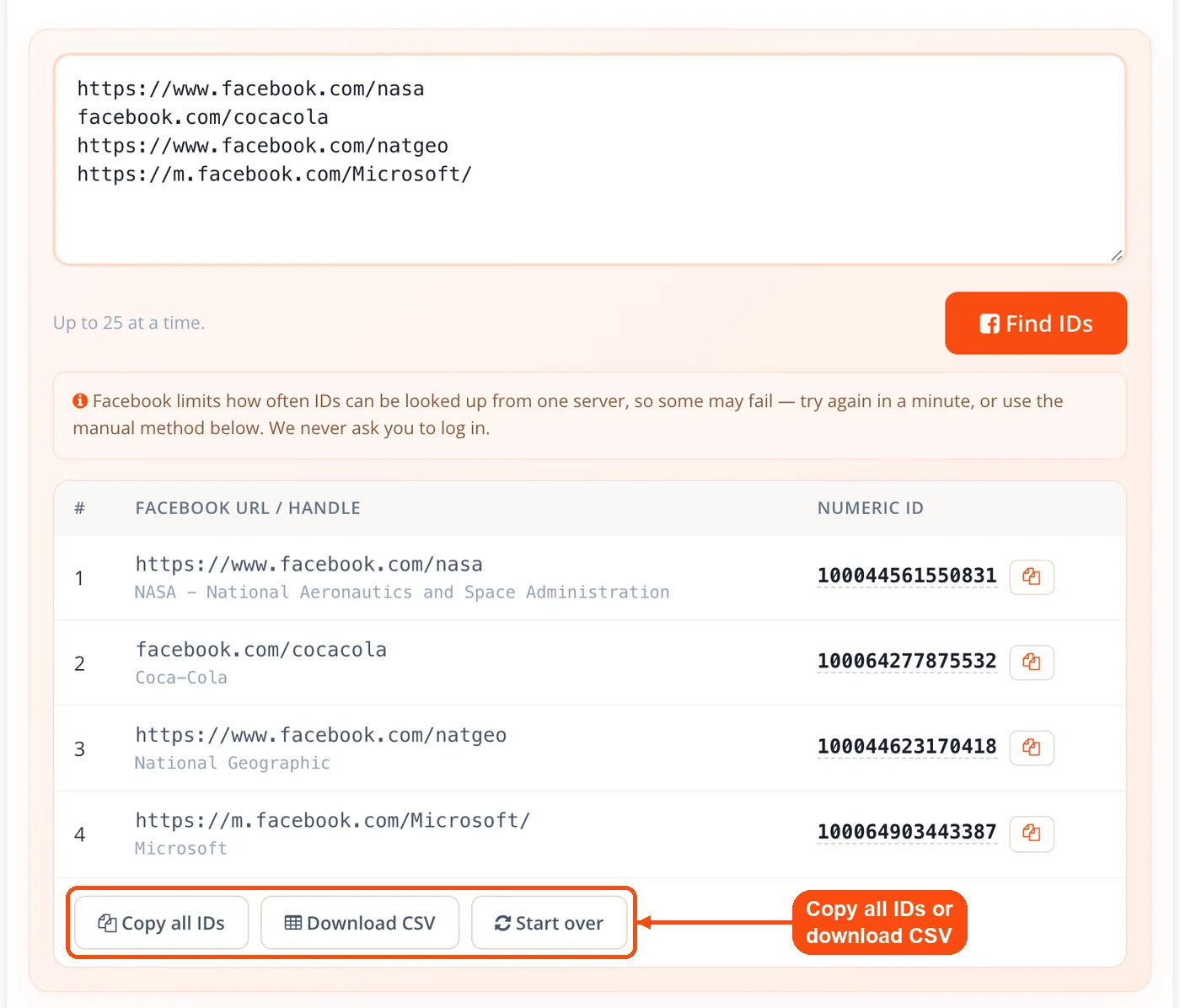 Copy all IDs and Download CSV buttons