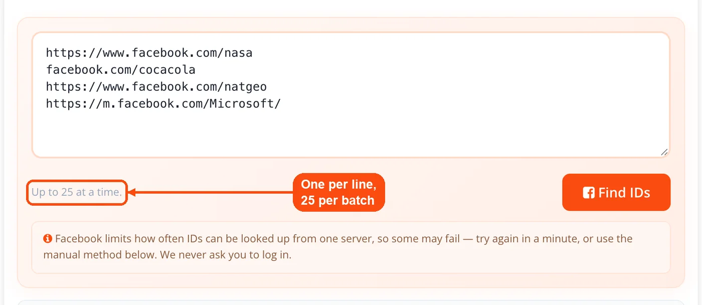 One URL per line, 25 per batch