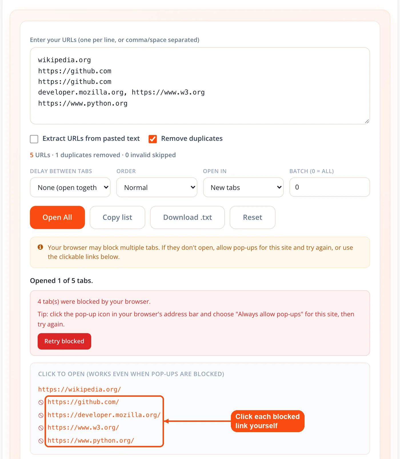 Clickable list of blocked links