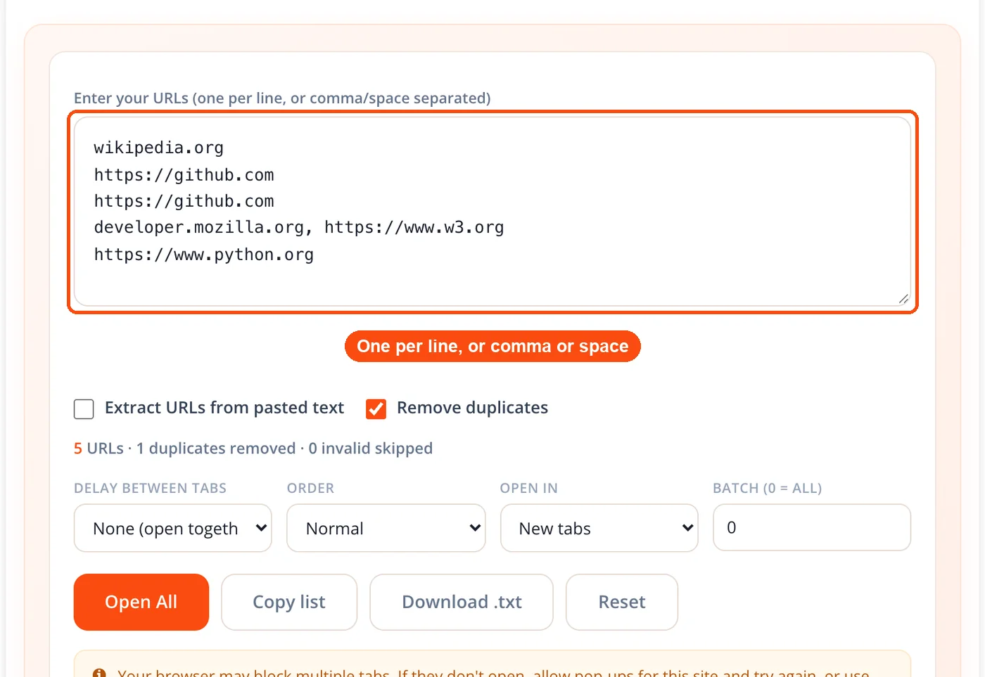 Links pasted into the URL box