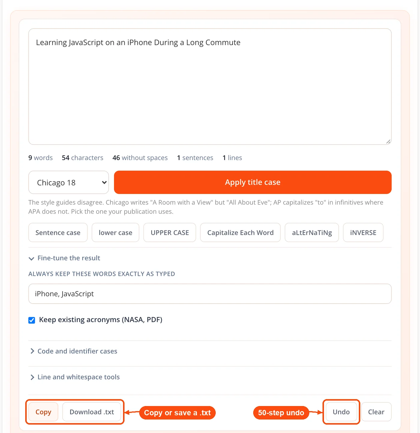 Copy, download and undo buttons