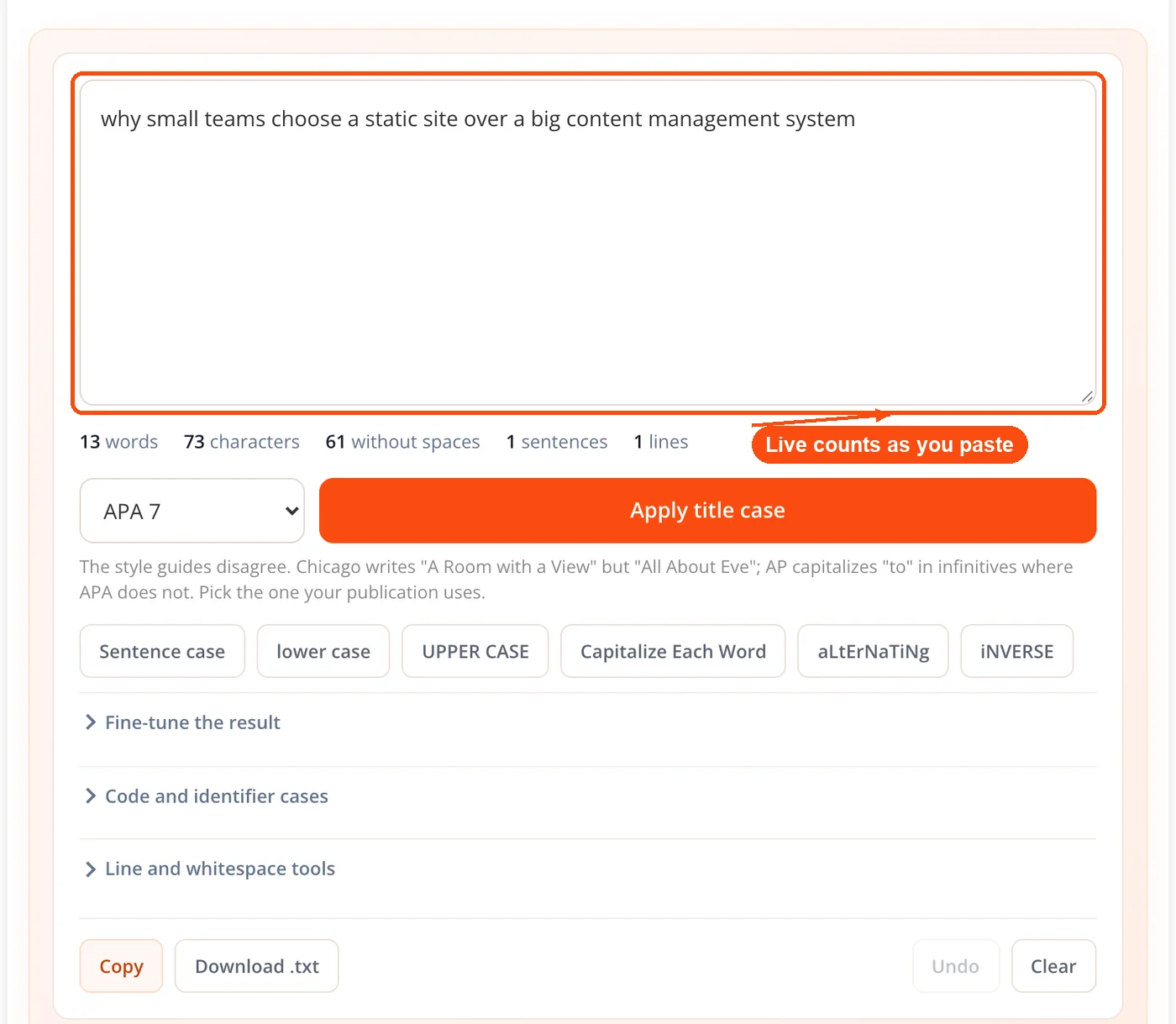 Pasted text with live word counts