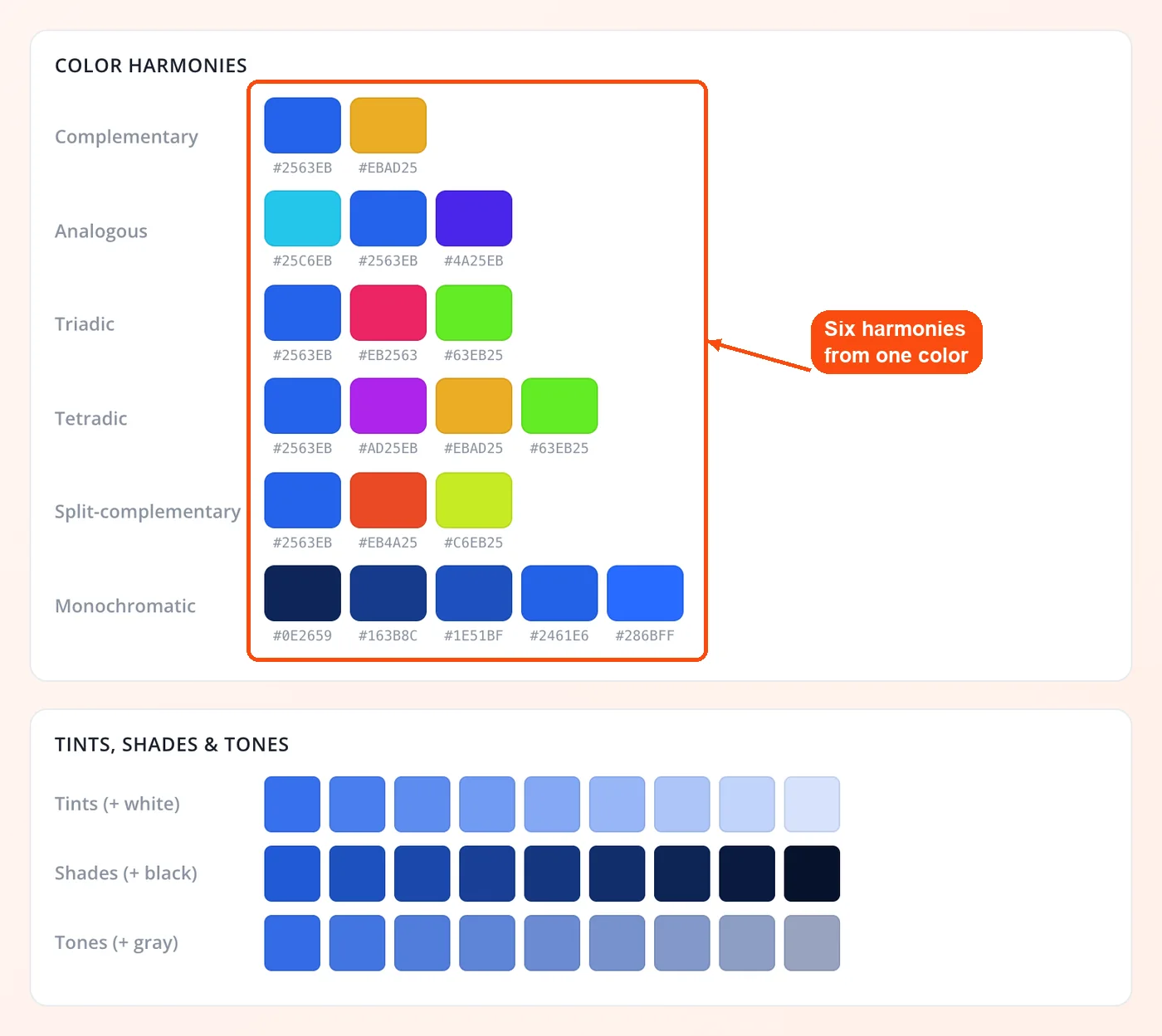 Six color harmonies from one color