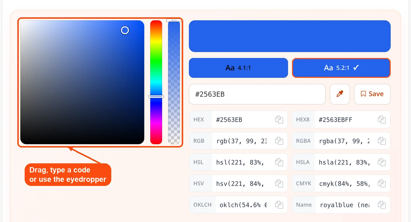 Color square, hue and alpha sliders