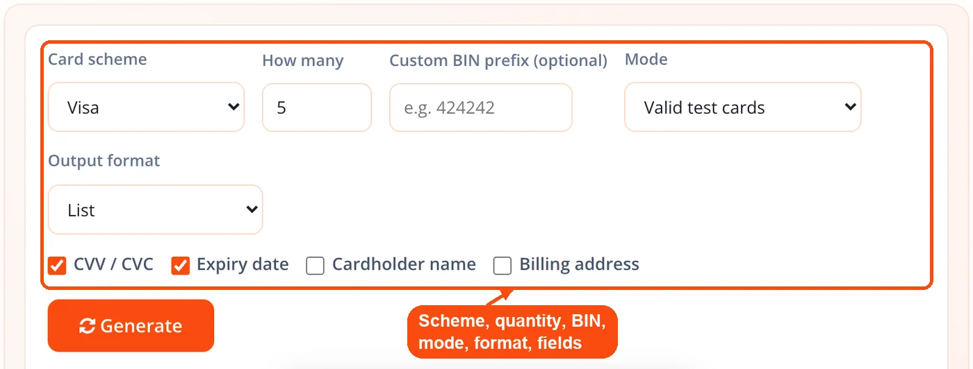 Scheme, quantity, BIN, mode and fields