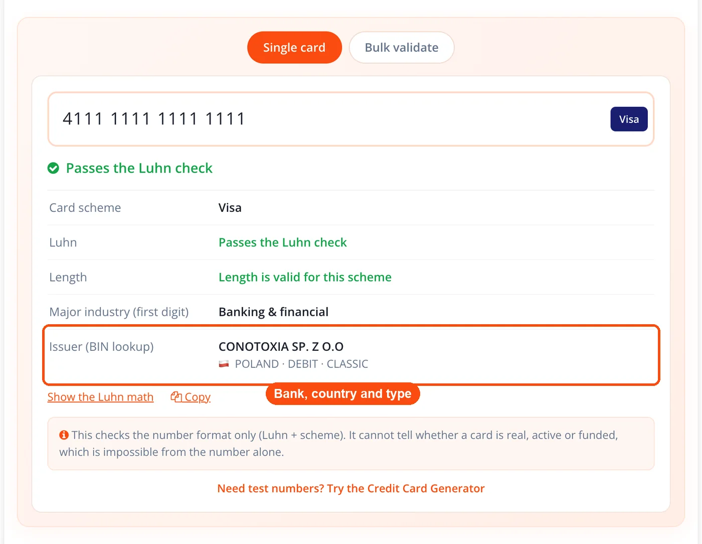 Issuer bank, country and type