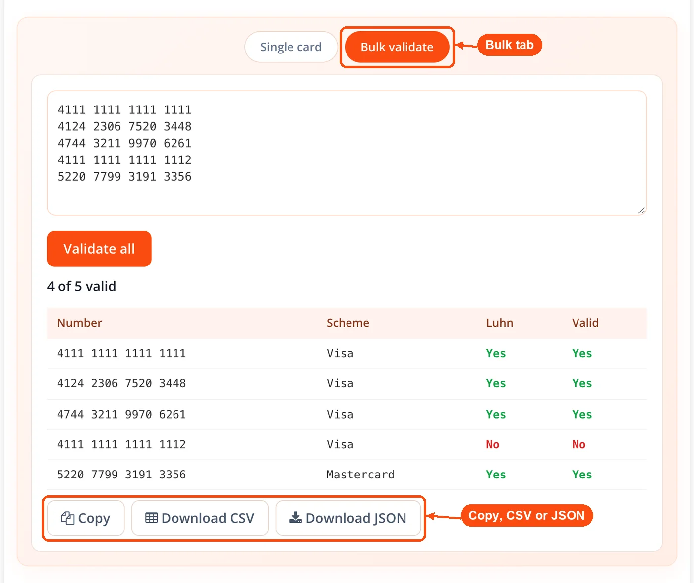 Bulk results with CSV and JSON export