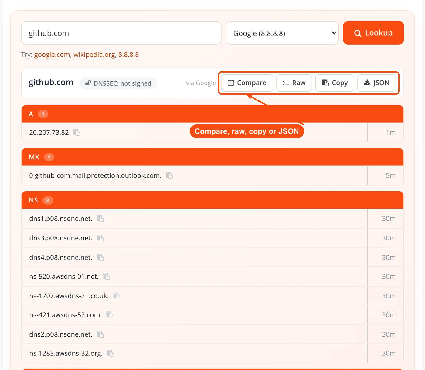 Compare, raw, copy and JSON buttons