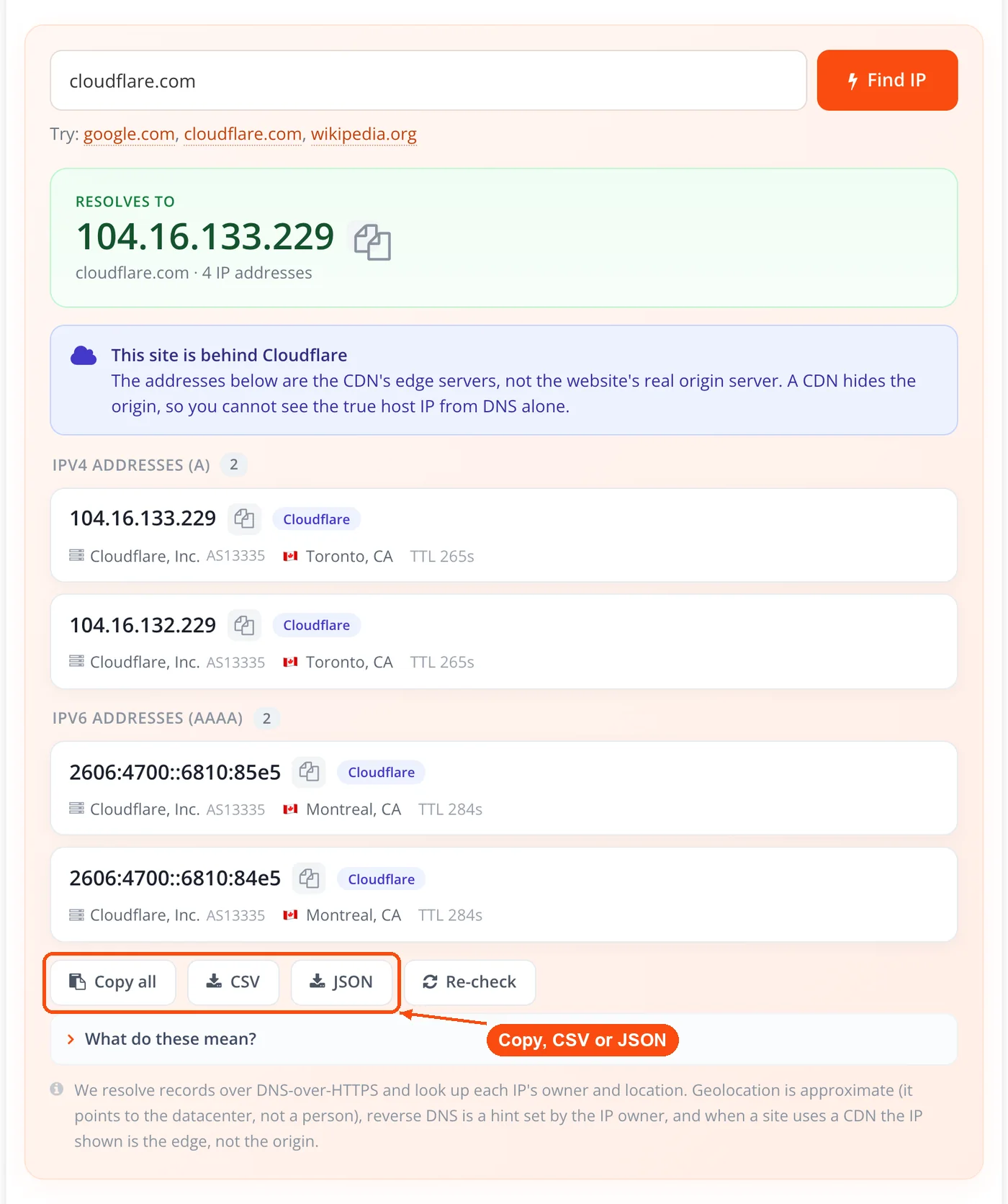Copy all, CSV and JSON buttons