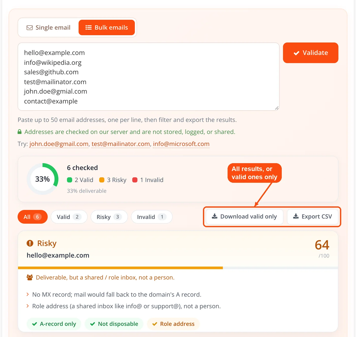 Export CSV and valid-only download